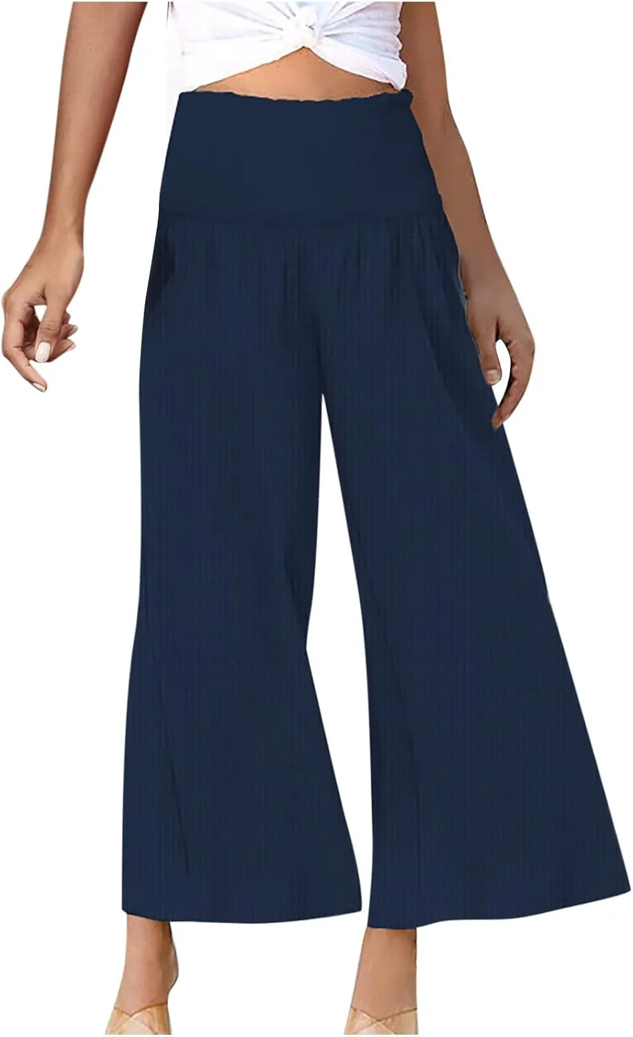 Womens Linen Capri Pants Wide Leg Palazzo Lounge Pant Summer High Waisted Flowy Beach Work Boho Casual Trousers