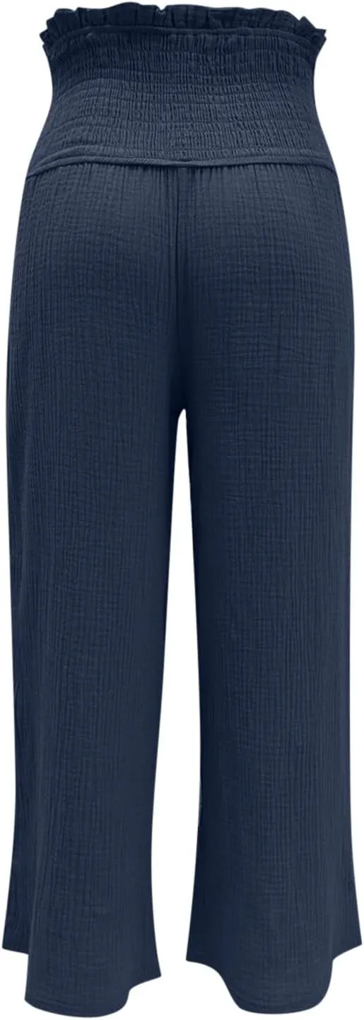 Womens Linen Capri Pants Wide Leg Palazzo Lounge Pant Summer High Waisted Flowy Beach Work Boho Casual Trousers