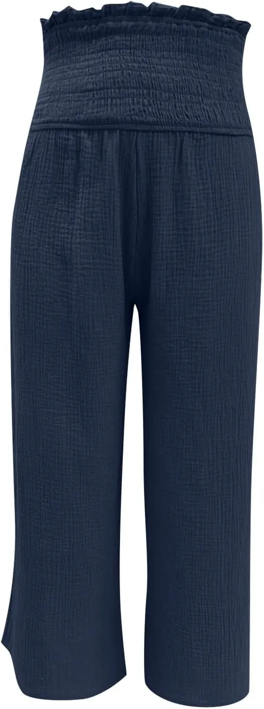 Womens Linen Capri Pants Wide Leg Palazzo Lounge Pant Summer High Waisted Flowy Beach Work Boho Casual Trousers