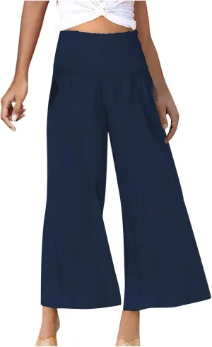 Womens Linen Capri Pants Wide Leg Palazzo Lounge Pant Summer High Waisted Flowy Beach Work Boho Casual Trousers