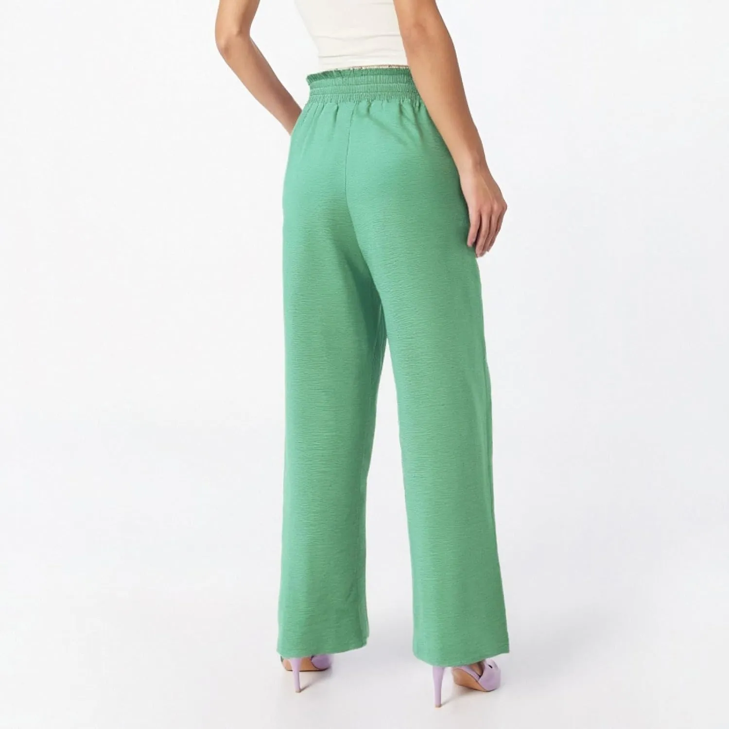 Women's Linen Cotton High Waist Straight Wide Leg Pants Adjustable Elastic Waist Palazzo Work Pants with Pockets