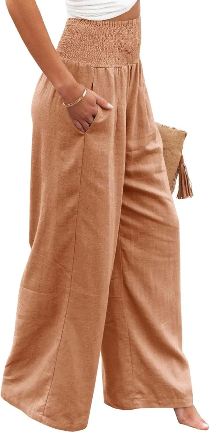 Womens Linen Palazzo Pants Boho Summer Lounge Pant Wide Leg High Waist Casual Pants Beach Travel Vacation Outfits