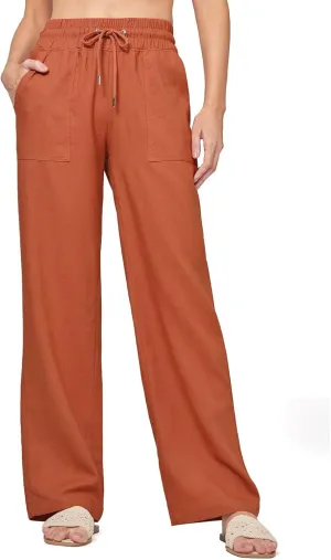 Womens Linen Pant Summer Elastic High Waist Wide Leg Pant Casual Solid Color Drawstring Straight Trouser with Pocket