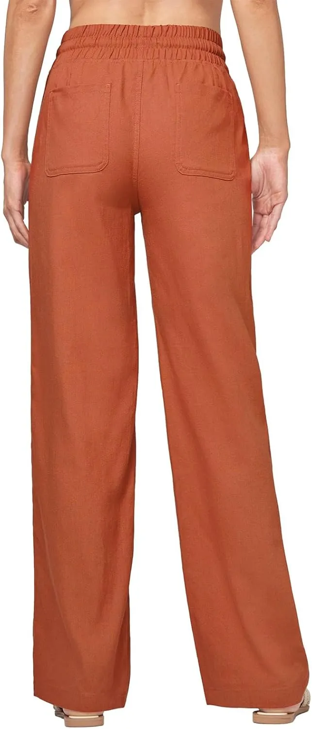 Womens Linen Pant Summer Elastic High Waist Wide Leg Pant Casual Solid Color Drawstring Straight Trouser with Pocket