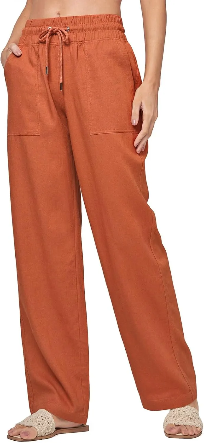 Womens Linen Pant Summer Elastic High Waist Wide Leg Pant Casual Solid Color Drawstring Straight Trouser with Pocket