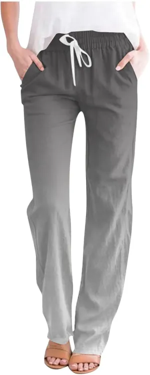 Women's Linen Pants Baggy Casual Summer Solid Color Boho Plus Size High Waist Linen Pants Work Lounge Trousers with Pockets