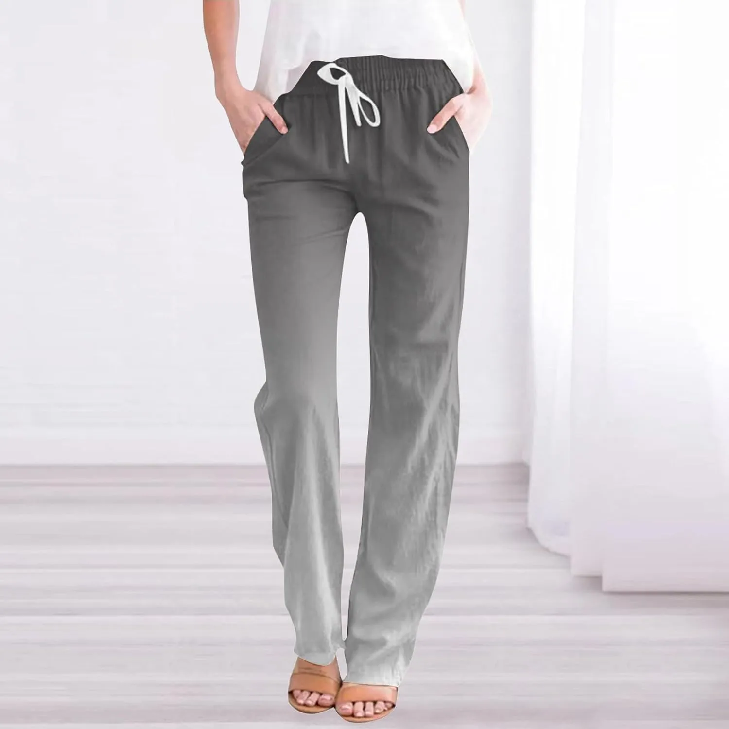 Women's Linen Pants Baggy Casual Summer Solid Color Boho Plus Size High Waist Linen Pants Work Lounge Trousers with Pockets