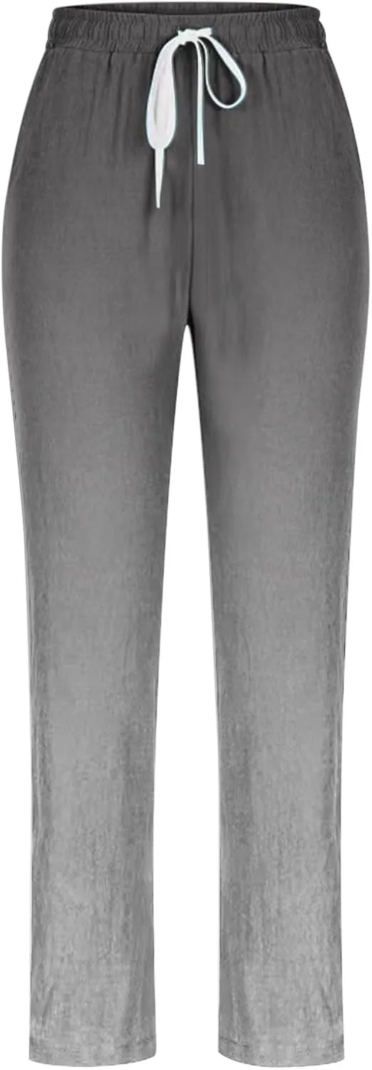 Women's Linen Pants Baggy Casual Summer Solid Color Boho Plus Size High Waist Linen Pants Work Lounge Trousers with Pockets