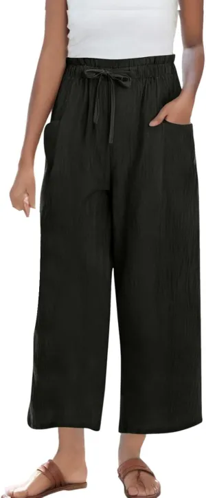 Women's Linen Pants Casual Drawstring High Waisted Wide Leg Capri Pant Summer Baggy Palazzo Trousers with Pockets