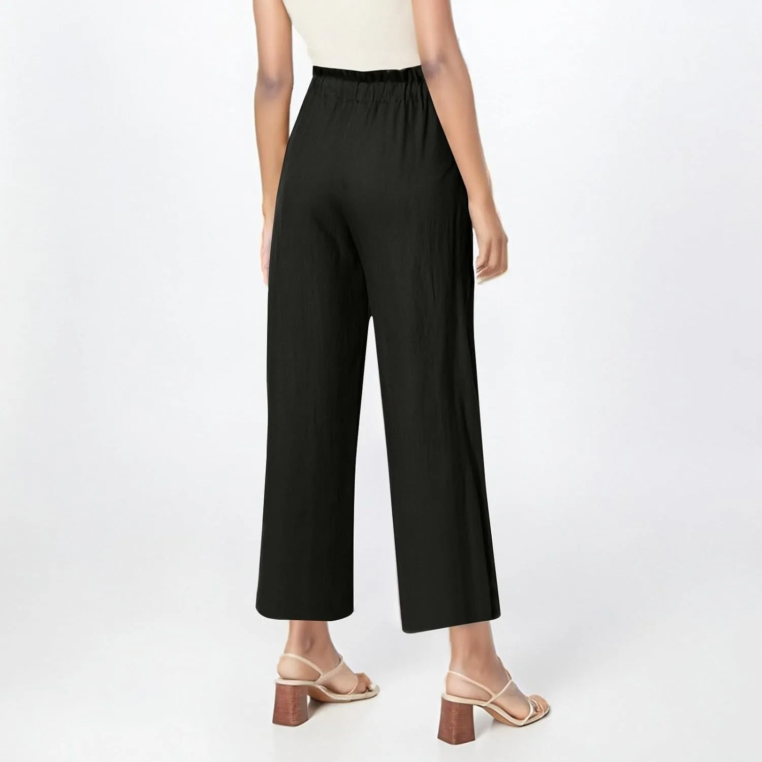 Women's Linen Pants Casual Drawstring High Waisted Wide Leg Capri Pant Summer Baggy Palazzo Trousers with Pockets