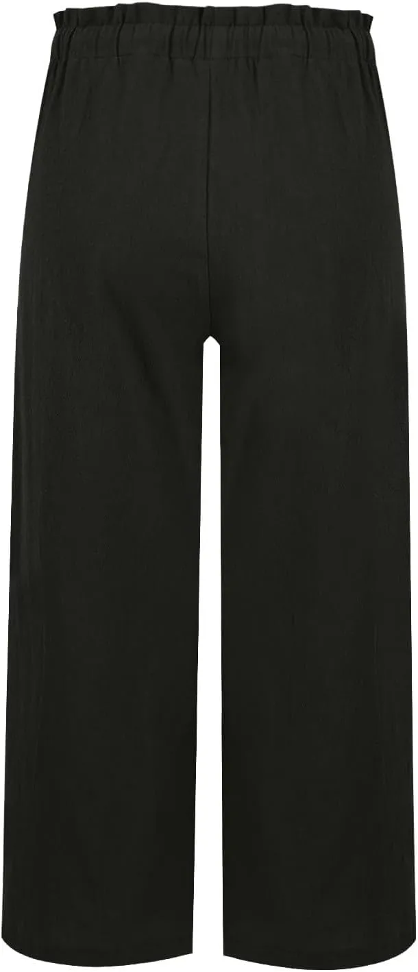 Women's Linen Pants Casual Drawstring High Waisted Wide Leg Capri Pant Summer Baggy Palazzo Trousers with Pockets