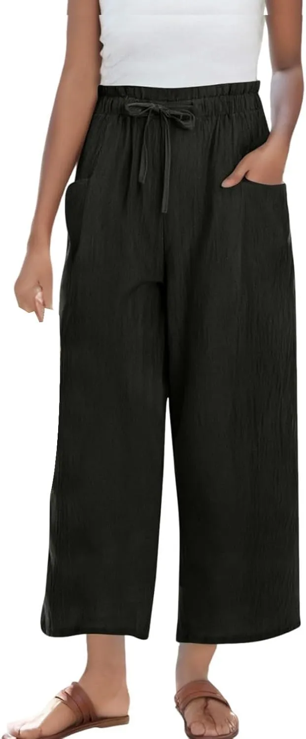 Women's Linen Pants Casual Drawstring High Waisted Wide Leg Capri Pant Summer Baggy Palazzo Trousers with Pockets