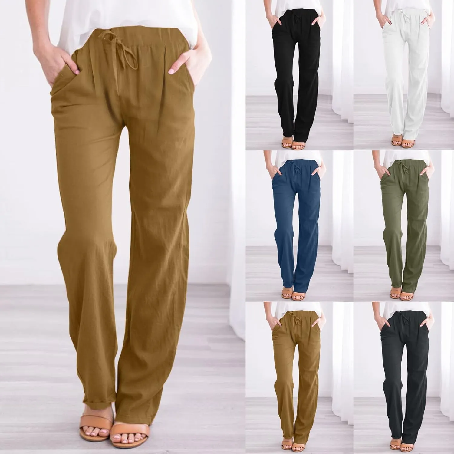 Womens Linen Pants Casual Straight Leg Fit Elastic Waisted Drawstring Cotton Trousers with Pockets Summer Yoga Pant