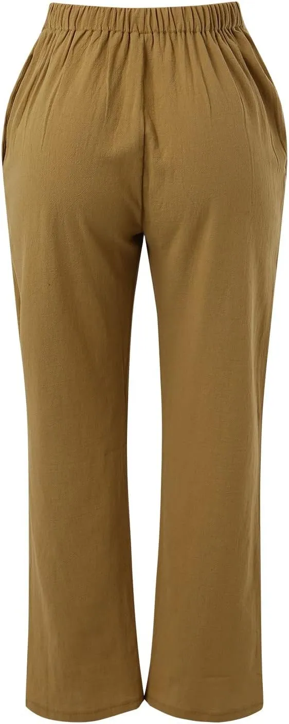 Womens Linen Pants Casual Straight Leg Fit Elastic Waisted Drawstring Cotton Trousers with Pockets Summer Yoga Pant