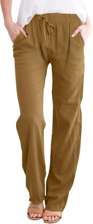 Womens Linen Pants Casual Straight Leg Fit Elastic Waisted Drawstring Cotton Trousers with Pockets Summer Yoga Pant
