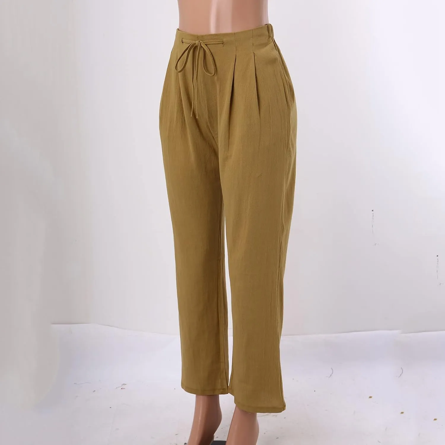 Womens Linen Pants Casual Straight Leg Fit Elastic Waisted Drawstring Cotton Trousers with Pockets Summer Yoga Pant