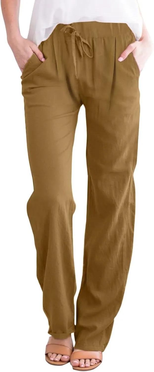 Womens Linen Pants Casual Straight Leg Fit Elastic Waisted Drawstring Cotton Trousers with Pockets Summer Yoga Pant