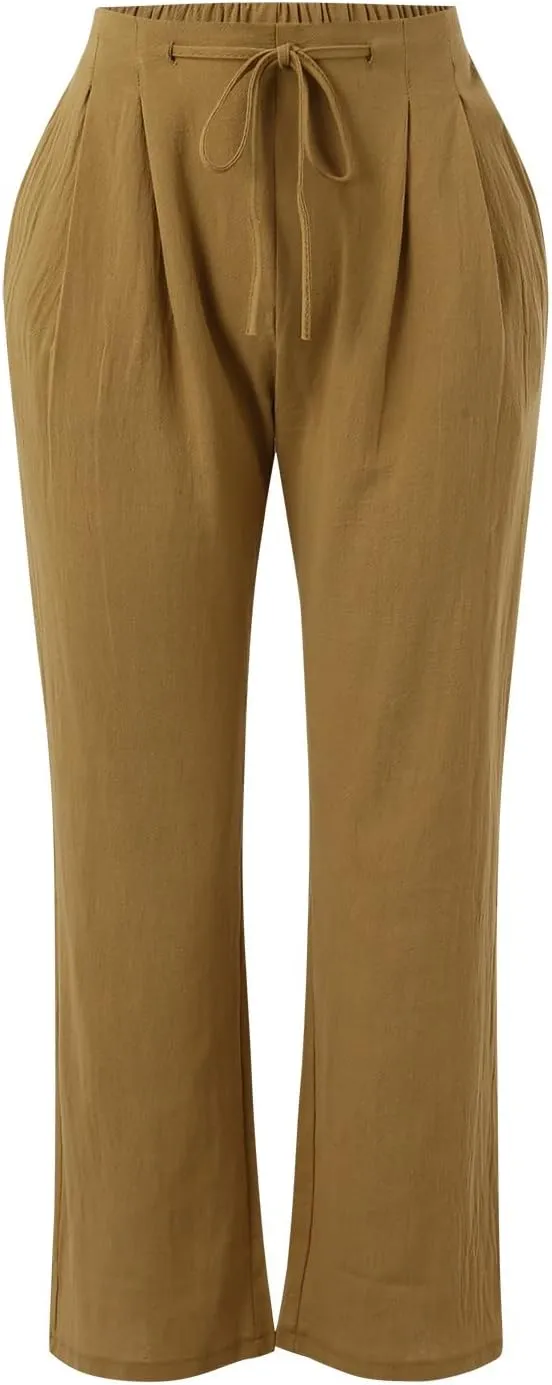 Womens Linen Pants Casual Straight Leg Fit Elastic Waisted Drawstring Cotton Trousers with Pockets Summer Yoga Pant