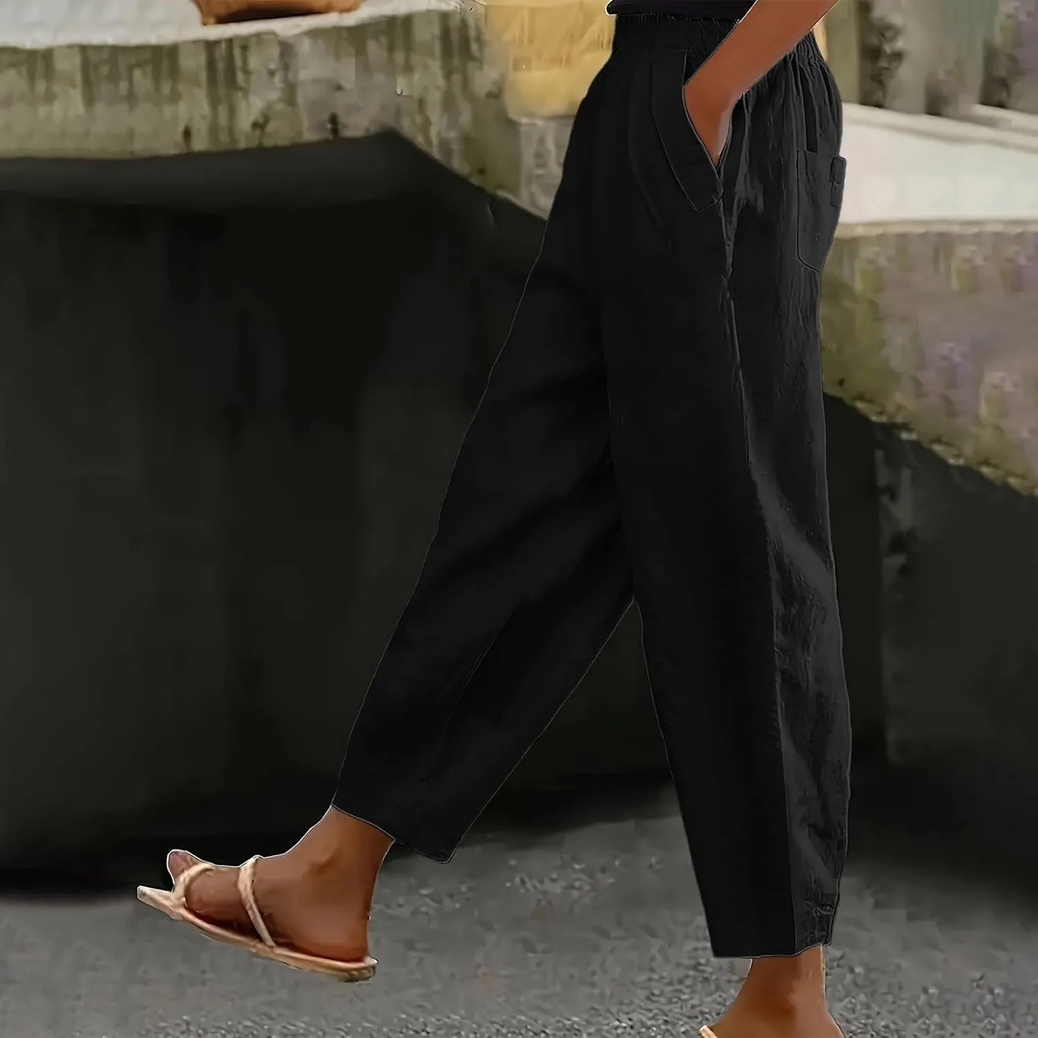 Womens Linen Pants Casual Summer Loose Fit Beach Solid Color Plus Size High Waist Linen Pants 2025 Work Trousers with Pockets