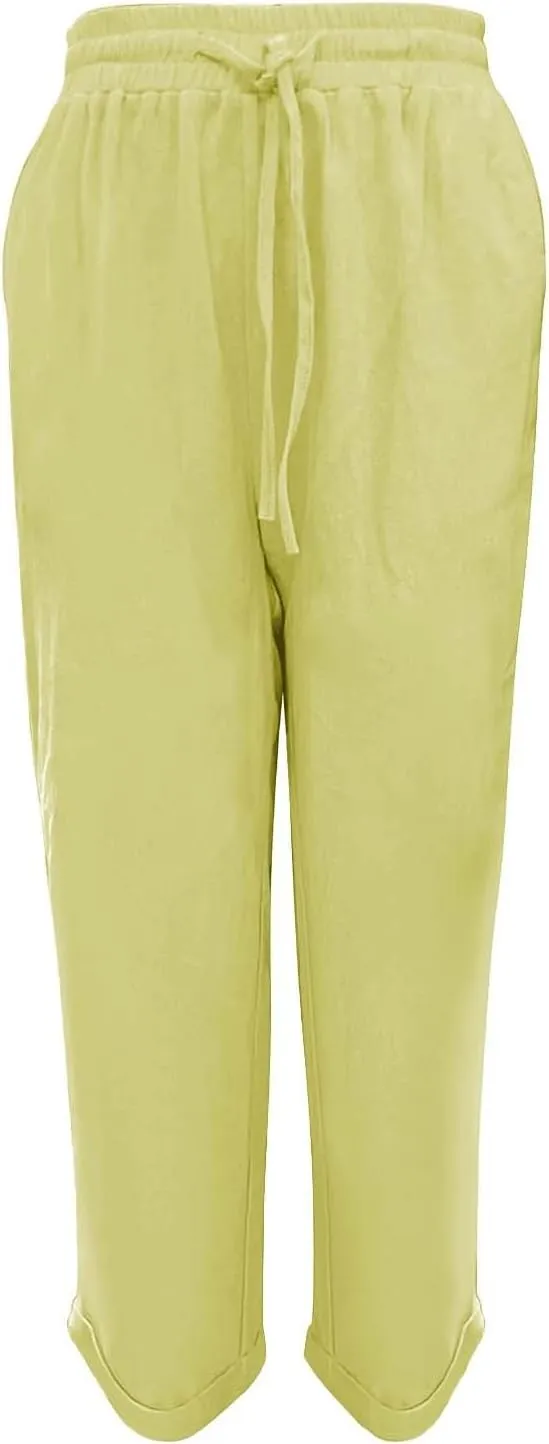 Womens Linen Pants Color Cotton Elastic Long Pants Beach Leisure Trousers Linen Business Work Casual Flowy