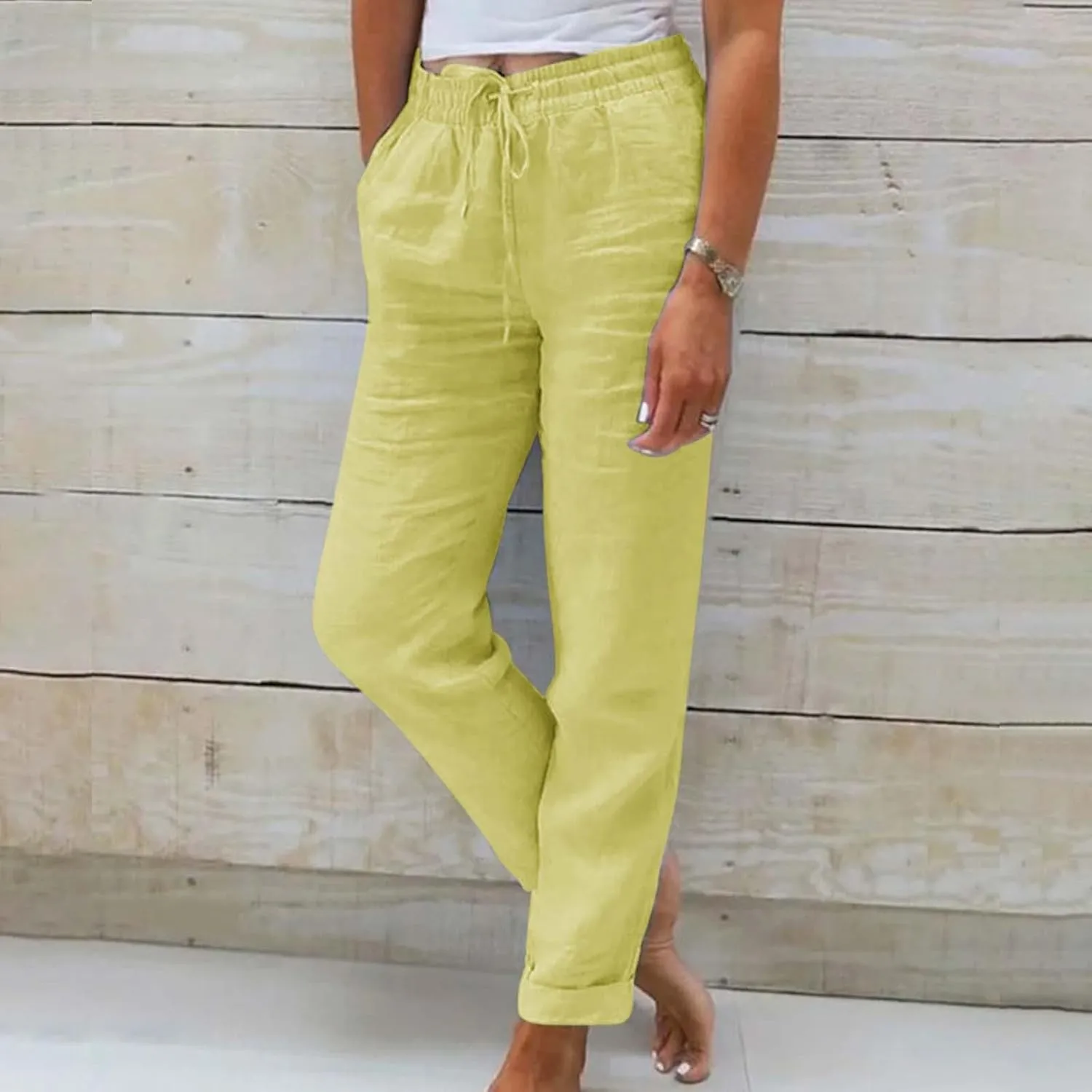 Womens Linen Pants Color Cotton Elastic Long Pants Beach Leisure Trousers Linen Business Work Casual Flowy