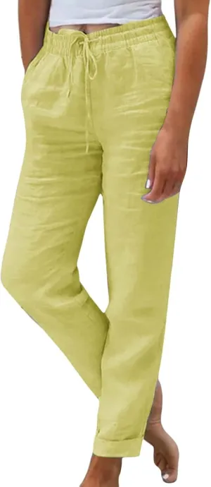 Womens Linen Pants Color Cotton Elastic Long Pants Beach Leisure Trousers Linen Business Work Casual Flowy