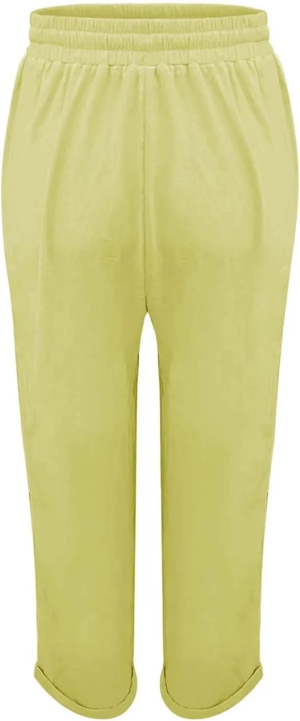 Womens Linen Pants Color Cotton Elastic Long Pants Beach Leisure Trousers Linen Business Work Casual Flowy
