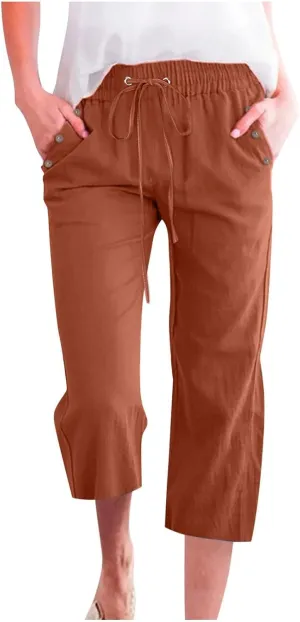 Women's Linen Pants Color Trouser Pant Cotton Blend Drawstring Elastic High Waist Adjustable Knot Loose Casual