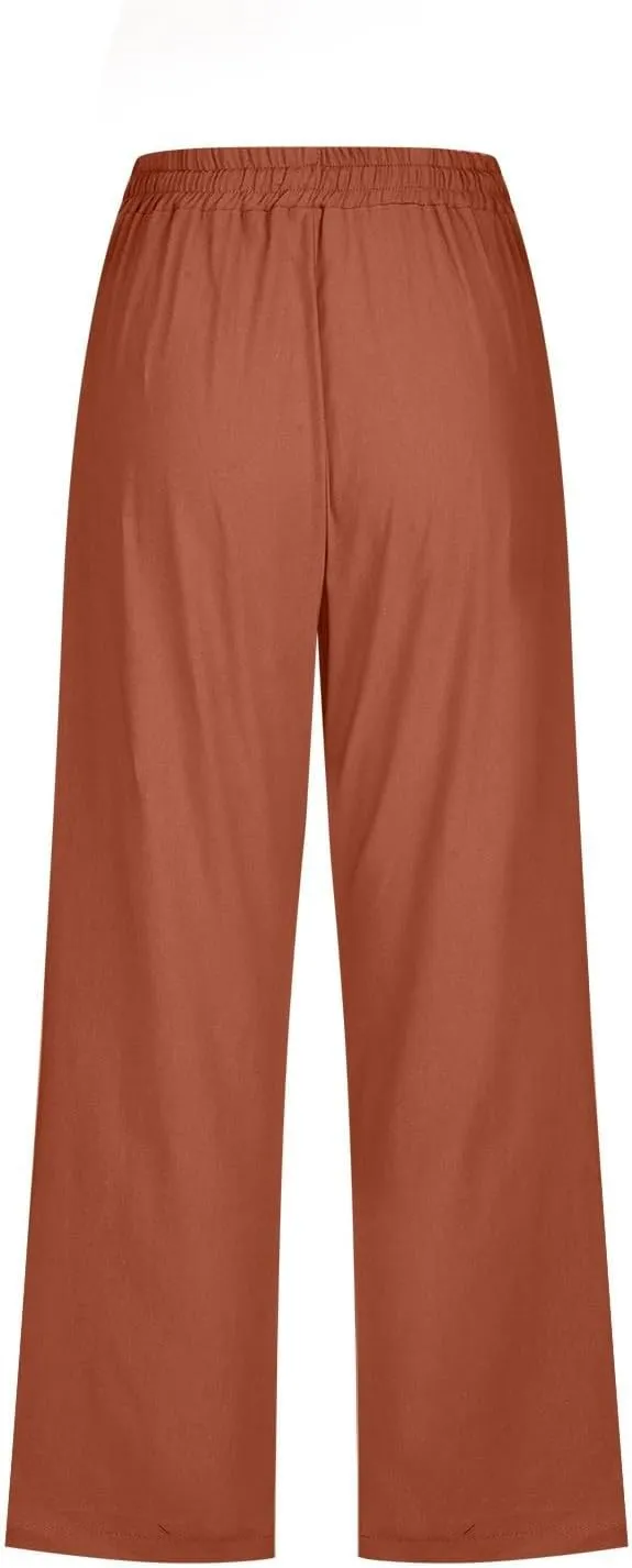Women's Linen Pants Color Trouser Pant Cotton Blend Drawstring Elastic High Waist Adjustable Knot Loose Casual