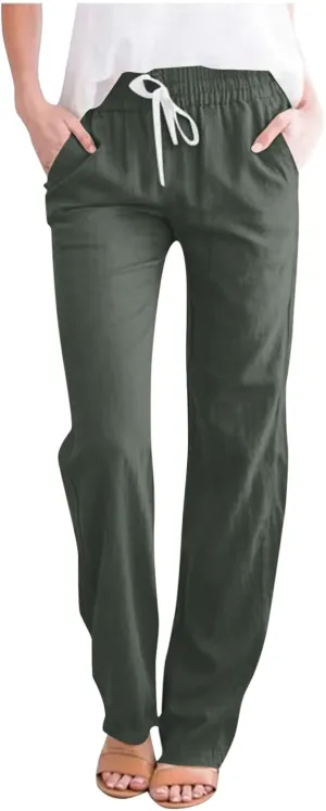 Women's Linen Pants, Cotton Linen Straight Leg Lightweight Pants, Summer Pants Plus Size Loose Fit Trousers