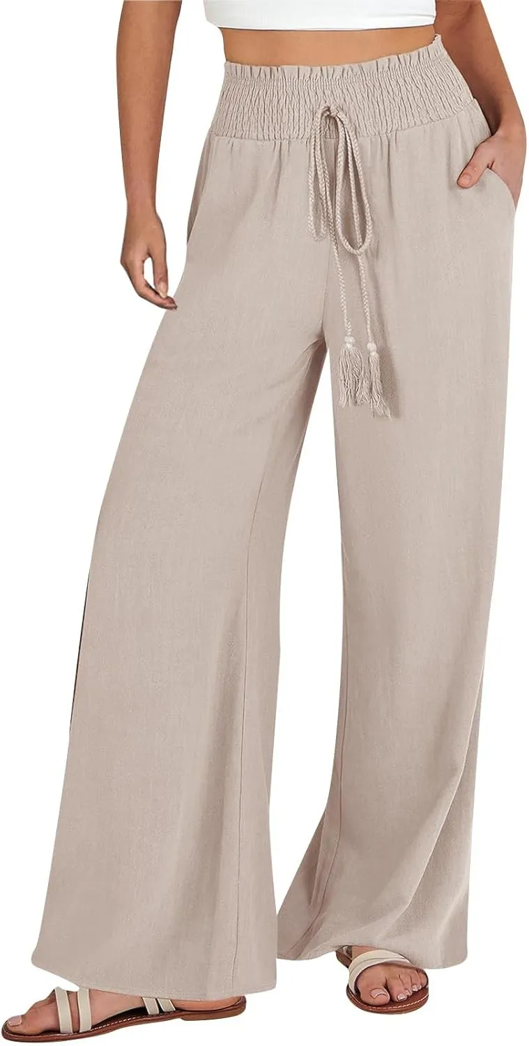 Womens Linen Pants Elastic High Waisted Wide Leg Palazzo Lounge Slacks Summer Casual Beach Boho Trousers with Pockets