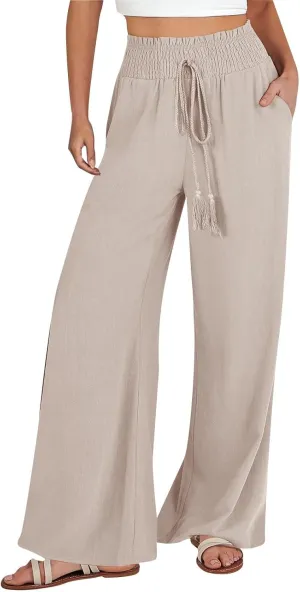 Womens Linen Pants Elastic High Waisted Wide Leg Palazzo Lounge Slacks Summer Casual Beach Boho Trousers with Pockets