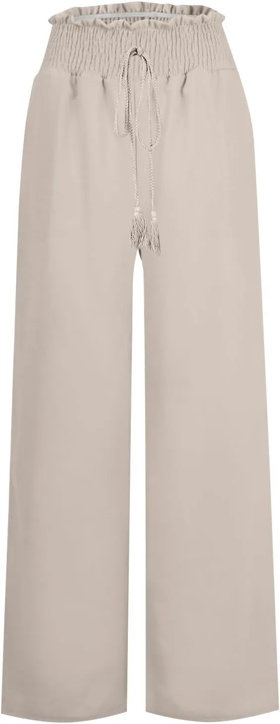 Womens Linen Pants Elastic High Waisted Wide Leg Palazzo Lounge Slacks Summer Casual Beach Boho Trousers with Pockets