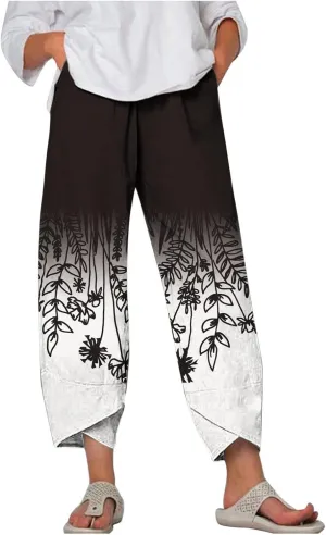 Womens Linen Pants Floral Elastic Waist Tulip Hem Harem Lounge Pants Summer Casual High Waist Wide Leg Trousers