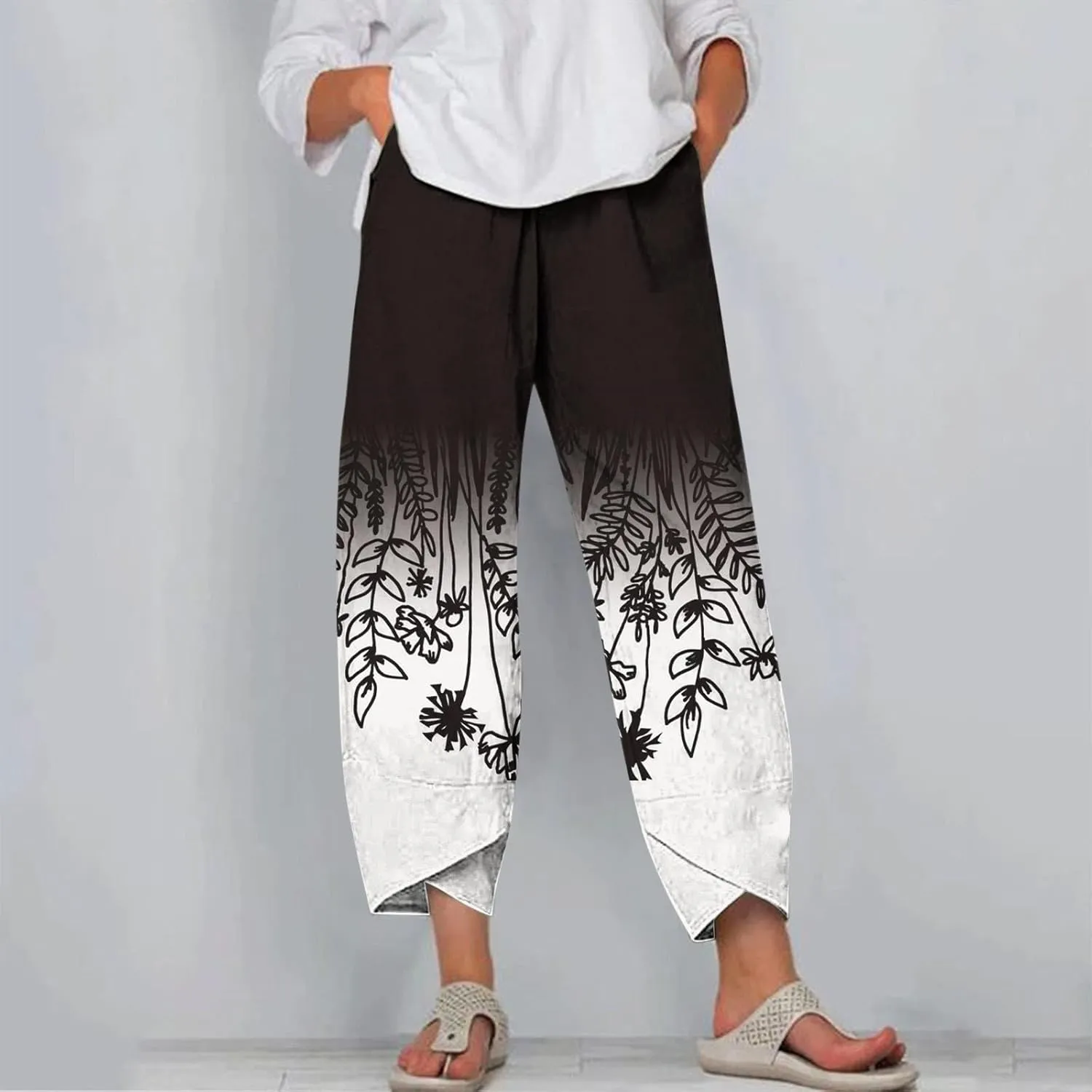 Womens Linen Pants Floral Elastic Waist Tulip Hem Harem Lounge Pants Summer Casual High Waist Wide Leg Trousers