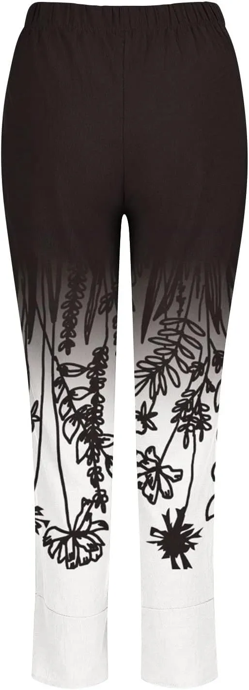 Womens Linen Pants Floral Elastic Waist Tulip Hem Harem Lounge Pants Summer Casual High Waist Wide Leg Trousers