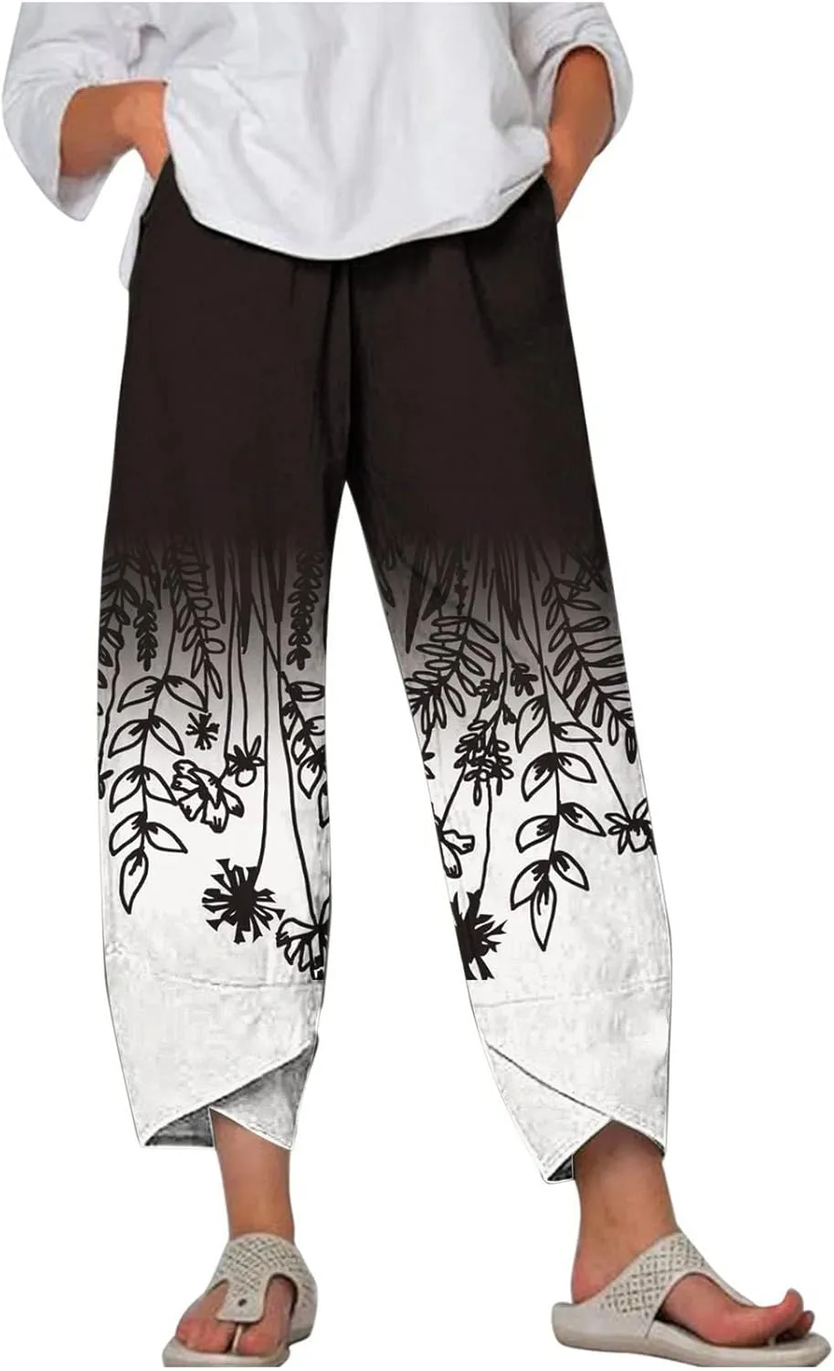 Womens Linen Pants Floral Elastic Waist Tulip Hem Harem Lounge Pants Summer Casual High Waist Wide Leg Trousers