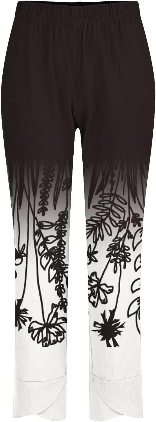 Womens Linen Pants Floral Elastic Waist Tulip Hem Harem Lounge Pants Summer Casual High Waist Wide Leg Trousers