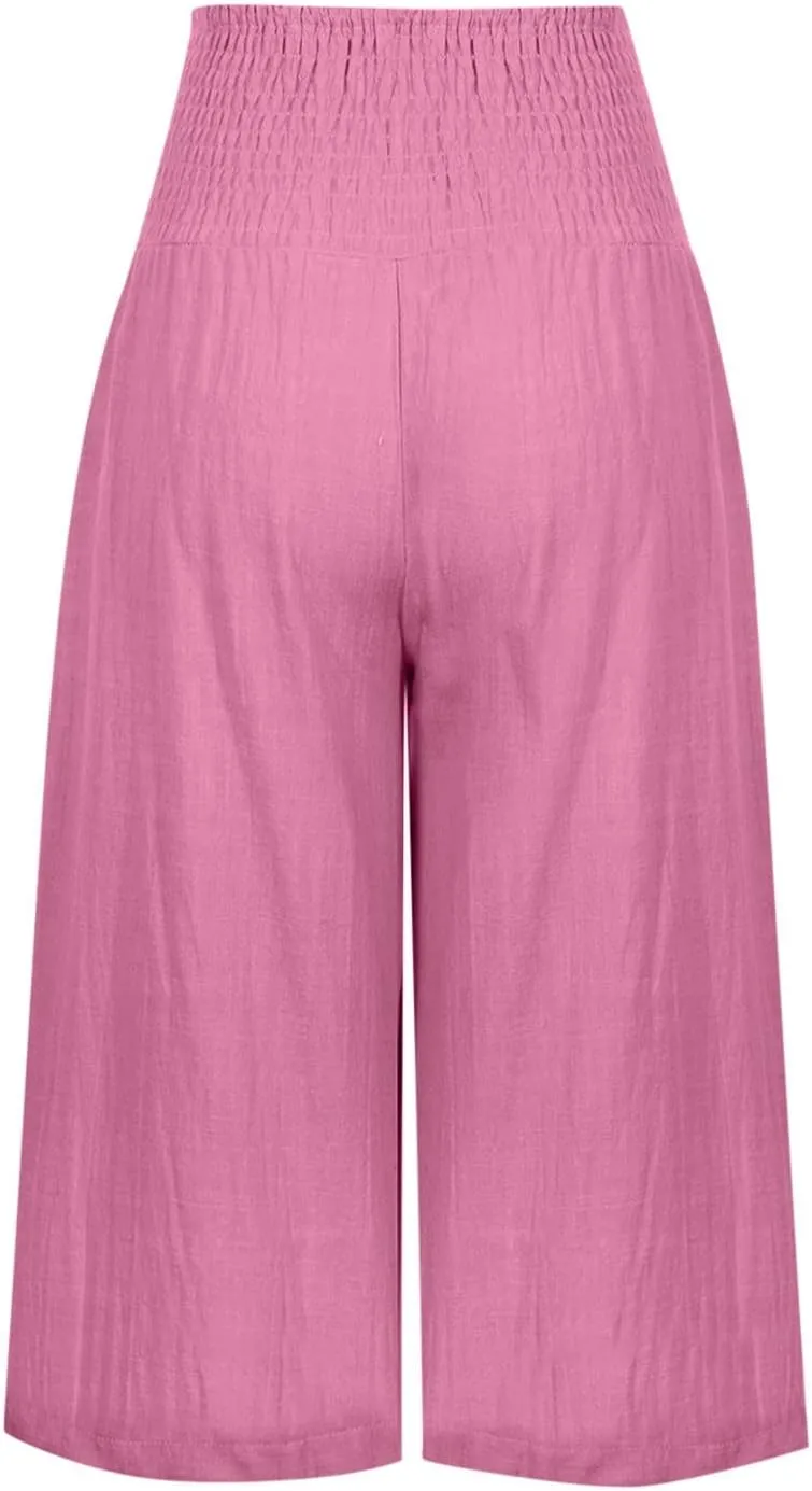 Womens Linen Pants High Waisted Pants Loose Comfy Wide Leg Holiday Summer Lounge Vacation Pockets Palazzo Trousers