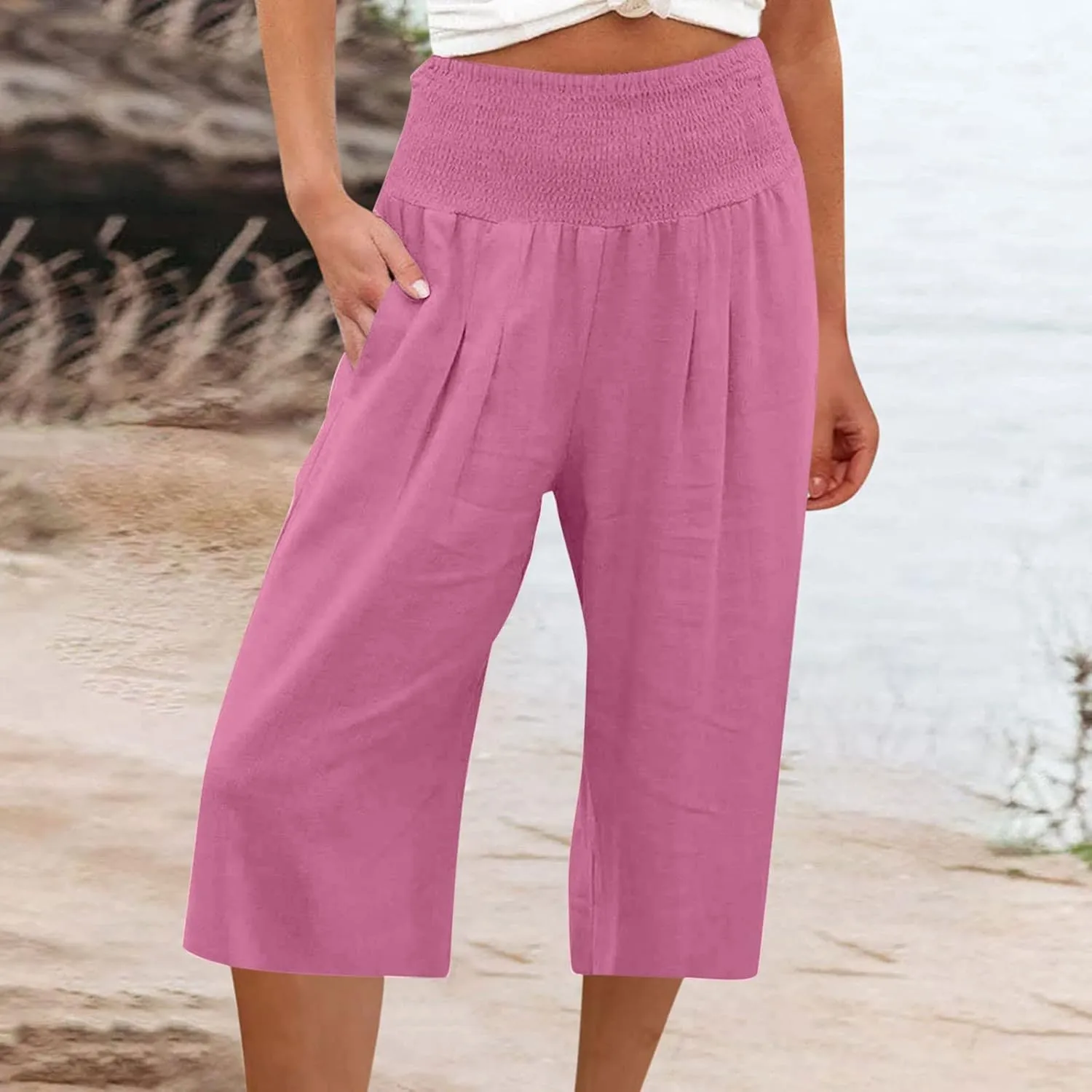 Womens Linen Pants High Waisted Pants Loose Comfy Wide Leg Holiday Summer Lounge Vacation Pockets Palazzo Trousers