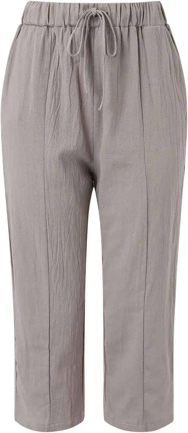 Women's Linen Pants Loose Summer Casual Solid Color Straight Leg Beach High Waisted Linen Pants Plus Size Ankle Trousers