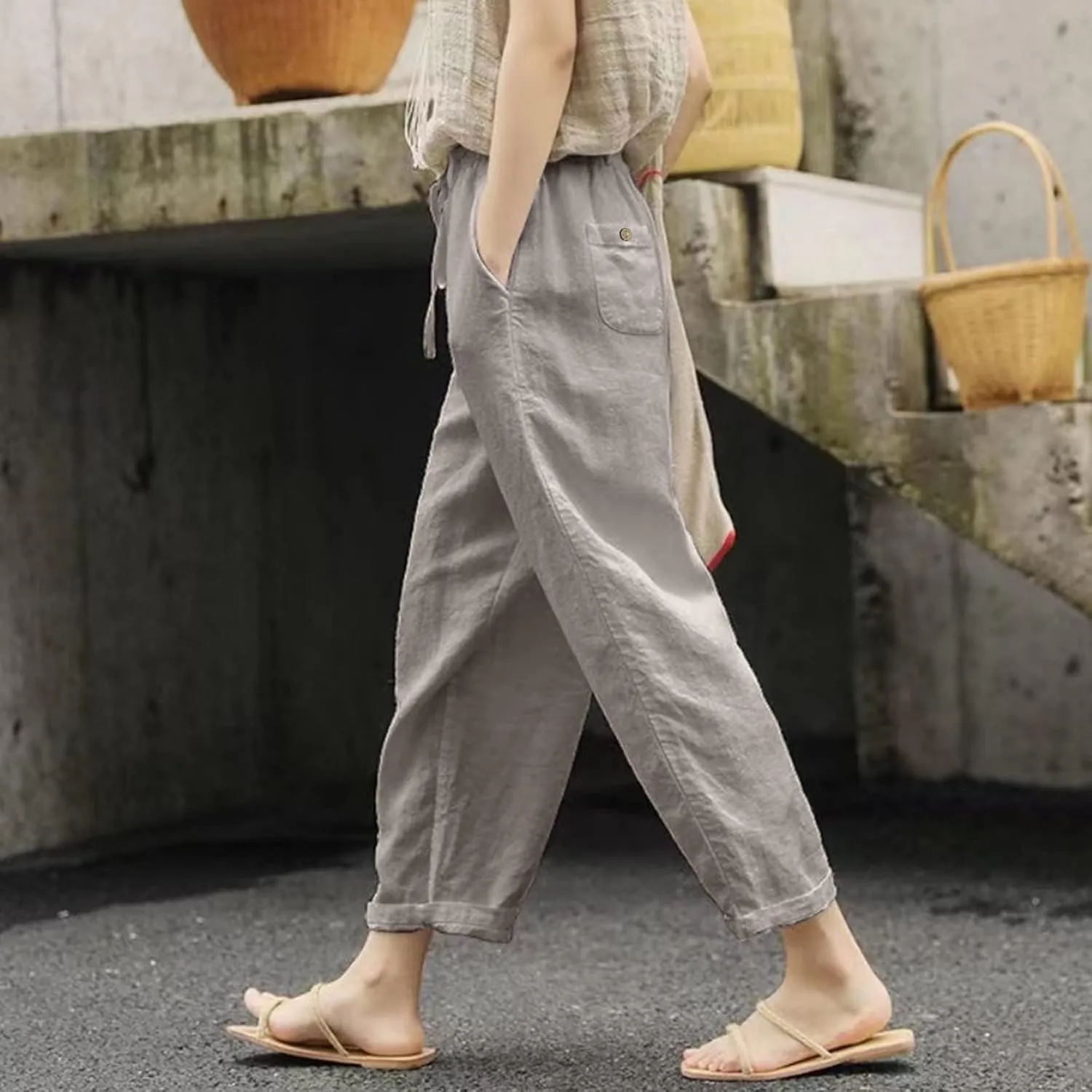 Women's Linen Pants Loose Summer Casual Solid Color Straight Leg Beach High Waisted Linen Pants Plus Size Ankle Trousers