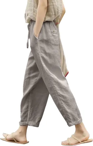 Women's Linen Pants Loose Summer Casual Solid Color Straight Leg Beach High Waisted Linen Pants Plus Size Ankle Trousers