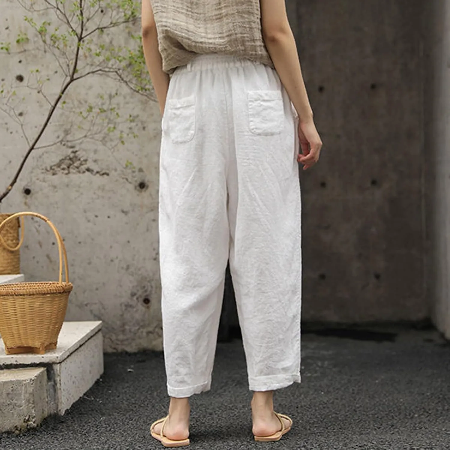 Womens Linen Pants Summer Casual Drawstring Pants Beach Boho Slacks Plus Size Lightweight Comfy Workout Crop Trousers