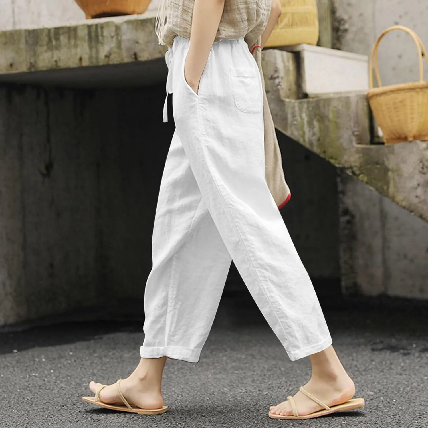 Womens Linen Pants Summer Casual Drawstring Pants Beach Boho Slacks Plus Size Lightweight Comfy Workout Crop Trousers