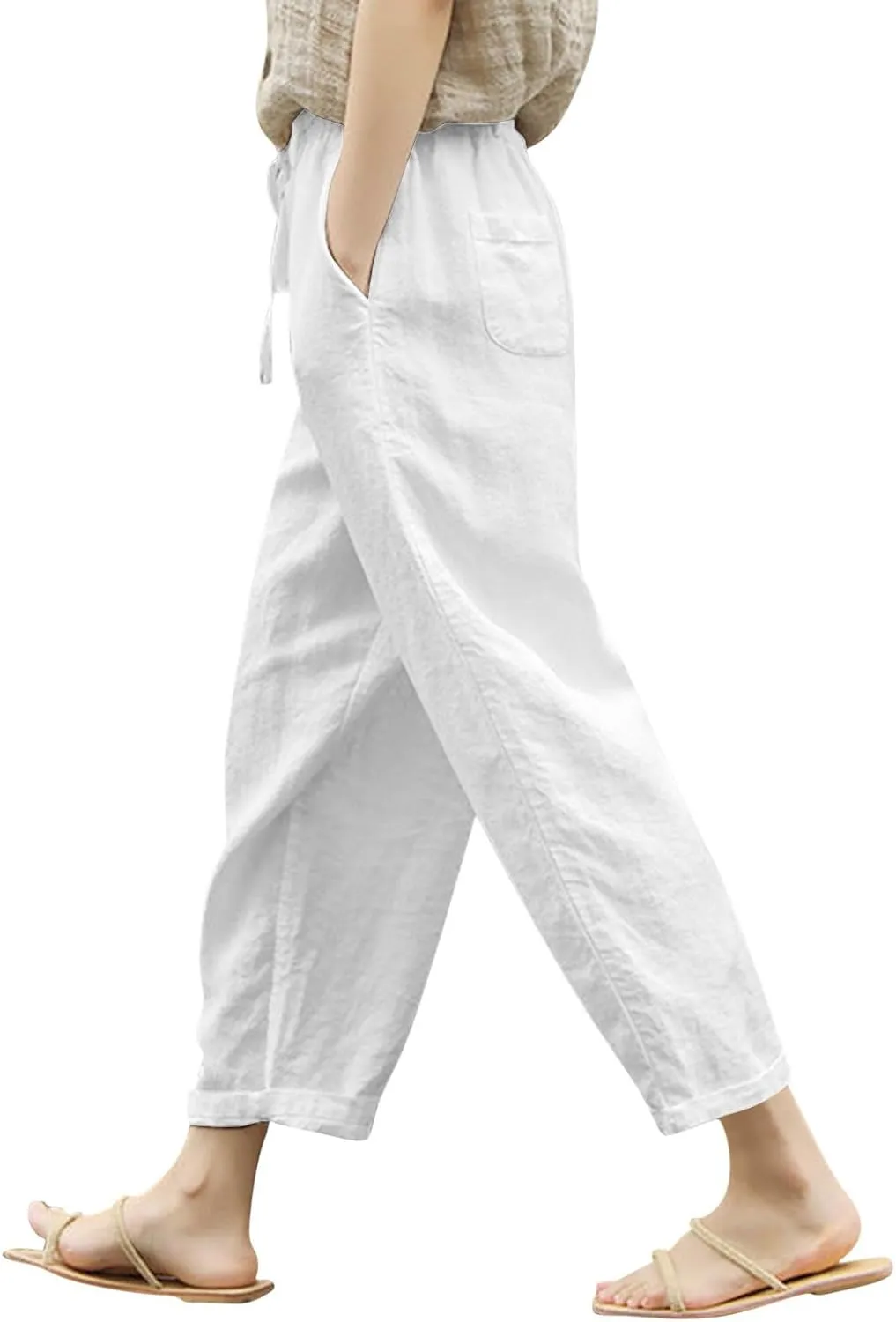 Womens Linen Pants Summer Casual Drawstring Pants Beach Boho Slacks Plus Size Lightweight Comfy Workout Crop Trousers