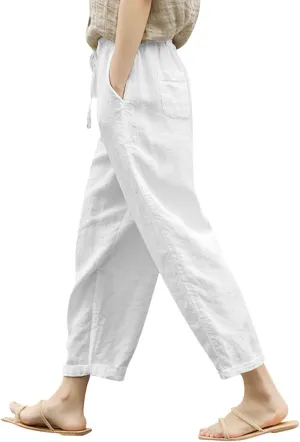Womens Linen Pants Summer Casual Drawstring Pants Beach Boho Slacks Plus Size Lightweight Comfy Workout Crop Trousers