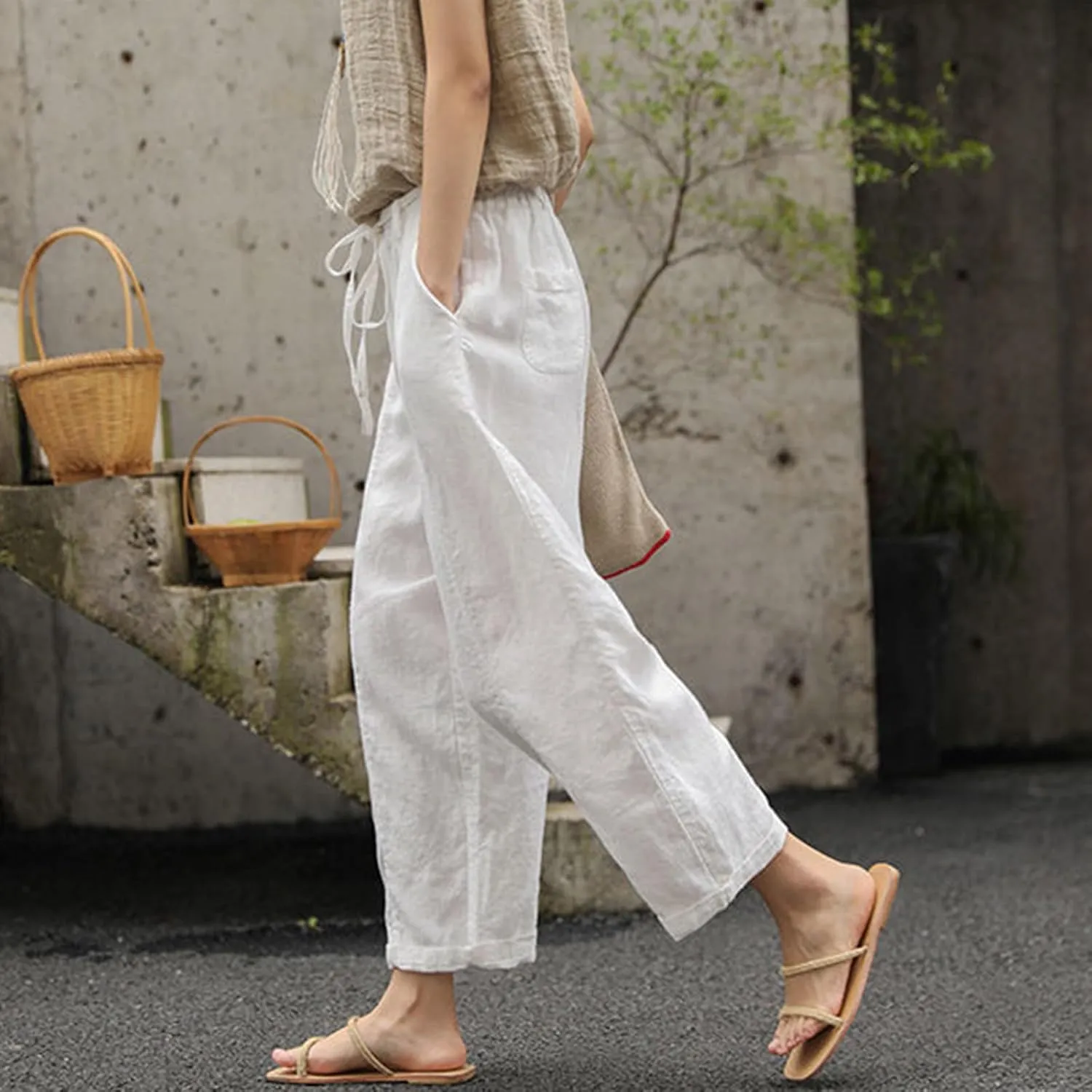 Womens Linen Pants Summer Casual Drawstring Pants Beach Boho Slacks Plus Size Lightweight Comfy Workout Crop Trousers
