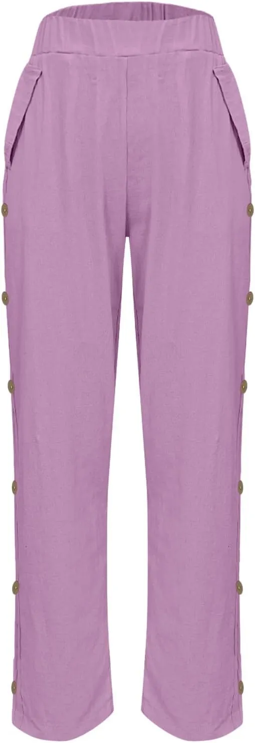 Women's Linen Pants Summer Casual Solid Color Straight Leg Beach High Waisted Linen Pants Elastic Waist Streetwear Trousers