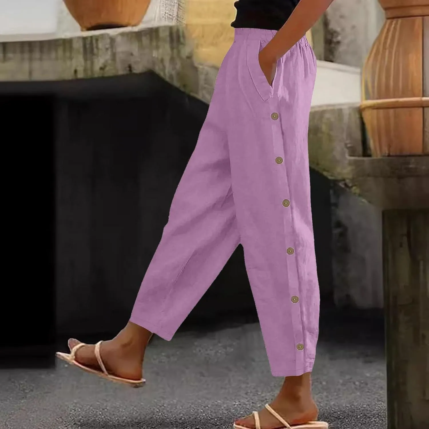 Women's Linen Pants Summer Casual Solid Color Straight Leg Beach High Waisted Linen Pants Elastic Waist Streetwear Trousers